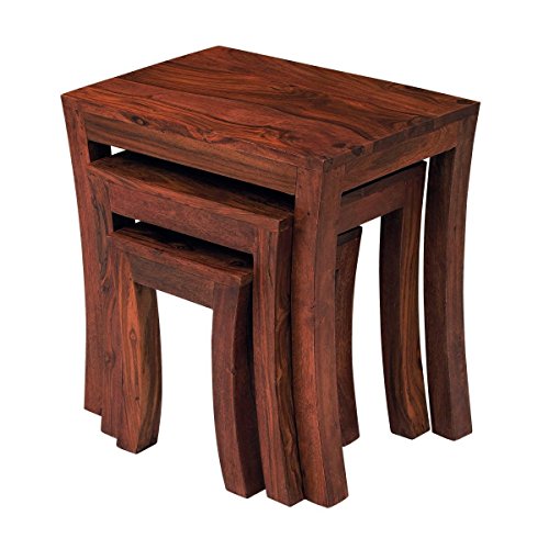 Image of Custom Decor Carissa Solid Wood Stool Set of 3 Nesting Bedside Tables - Indian Sheesham Wood Furniture (Mahogany Color)