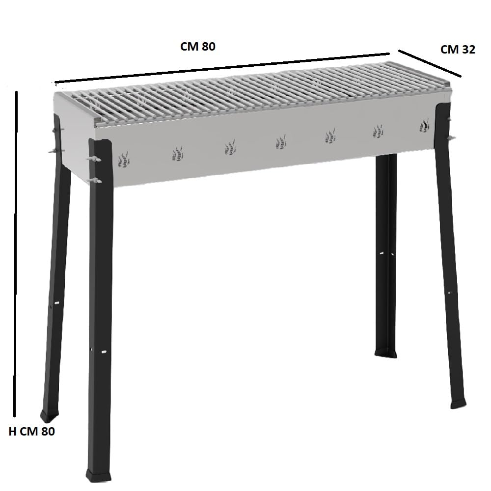 BBQ in Acciaio Braciere Cuoci Arrosticini Kebab Spiedini spilloni pesce carne con Fori di Aerazione Grande Area Cottura 77x28cm per 8-10 Persone Barbecue a Carbonella Qualita' e stile Made in Italy