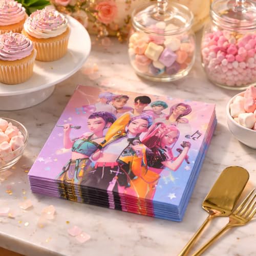 Image of Wanna Party Korean Pop Inspired Paper Napkins for Birthday Party - Pack of 20 | Colourful Printed Tissues for Kids' Party Table, Cake Serving, Snacks & Themed Celebration Decor