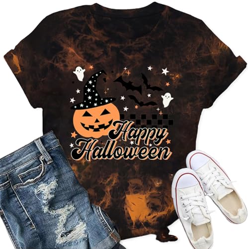 Qskall Halloween T Shirts for Women Pumpkin Face T-Shirt Happy Halloween Tee Tops