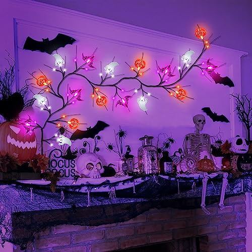 6 FT Willow Vine Twig Halloween Decorations Garland with Pumpkin Bat Ghost Lights - image 2