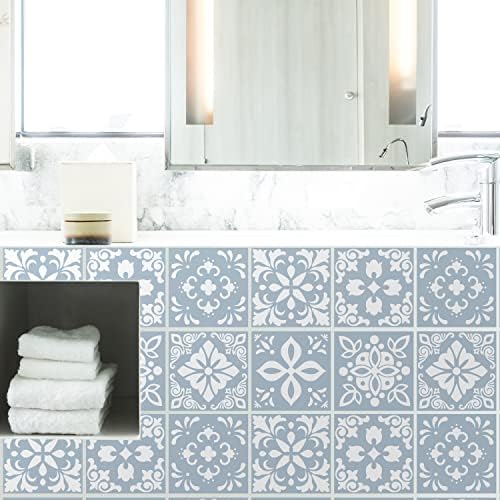 WALPLUS 15cm 24pcs Triana Blue Cemente Wall Tile Stickers Peel and Stick Backsplash Self-Adhesive Vinyl Home Decoration DIY Living Room Splashbacks Spring Easter Decoration Tile Paint Stick on Tiles