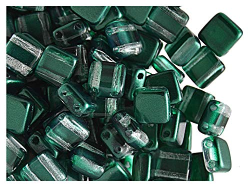 40pcs Czech Glass Two-Hole Tile Beads ESTRELA 6x6x3.2mm Dark Green