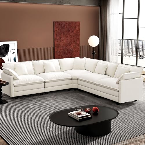 Image of Ihanherry 114 inch V-Shaped Modern Sofa Modular Sectional Cloud Couch with Corner Section, 5-Seat Chenille Deep Seat Sofa with 5 Pillows for Living Room, Bedroom and Apartment, Beige