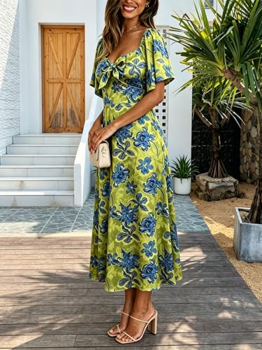 Image of Fashionme Womens Dresses 2026 Maxi Dresses Deep V Neck Elegant Bow Tie Front Cap Sleeve Summer Floral Satin Smocked Dress