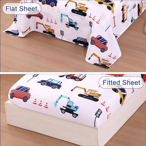 Image of Cars Toddler Bedding Sets for Boys, 4 Pieces Toddler Comforter Bed Set, Truck Vehicles Excavator Cars Printed All Season with Comforter, Flat Sheet, Fitted Sheet and Pillowcase, Blue White