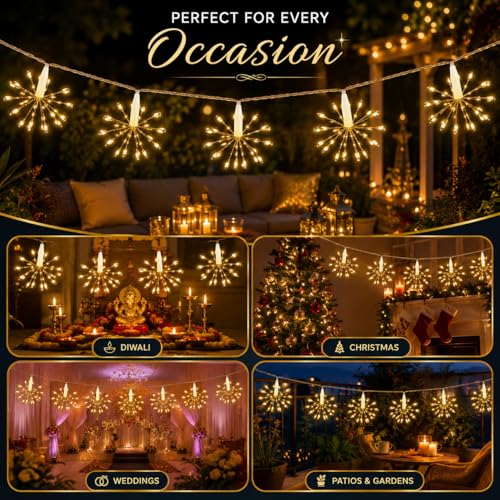 Image of One94Store 12 Starburst Sparkle LED String Lights, USB Powered Warm White Decorative Fairy Lights for Diwali, Christmas, Wedding, Party, Bedroom, Balcony, Patio & Home Decor