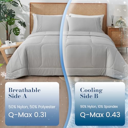 Amélie Home Cooling Comforter King Size, Dual-Sided Lightweight Cooling Blanket for Hot Sleepers, Q-Max 0.43 Breathable Cooling Quilt for Night Sweats, 106" x 90", Heather Cool Grey