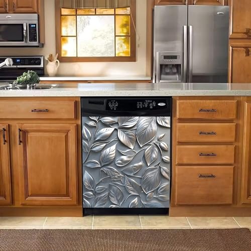 Image of BVBOX Dishwasher Magnet Cover 23 inchx26 inch, Reusable Magnetic Refrigerator Covers, Dishwasher Magnets Decorative Cover Fridge Door Skin Panel Stickers for Home Kitchen Appliance,Metal Embossed Leaves