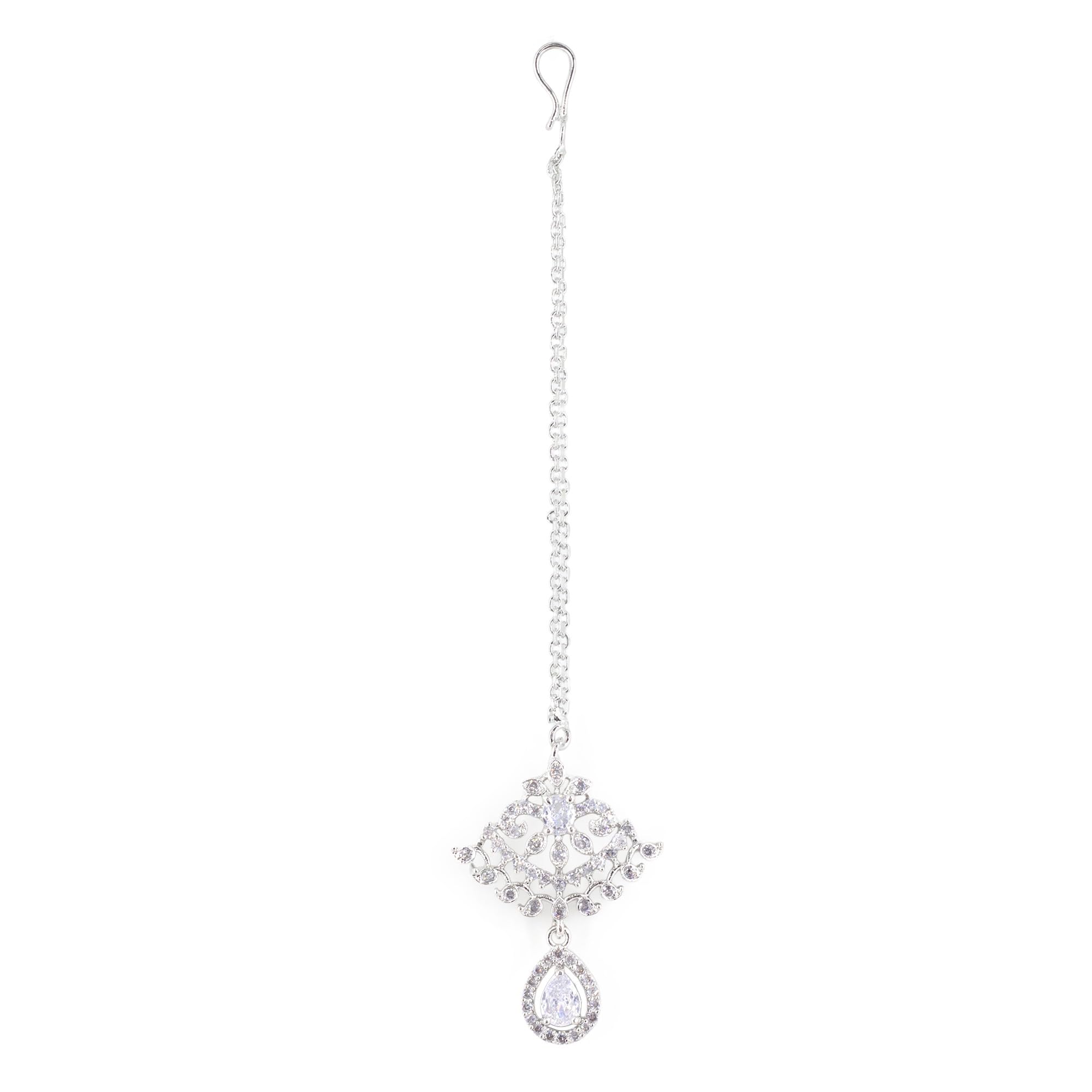 priviu Maang Tikka for Women Traditinal White AD/CZ Studded Rhodium Plated Minimal Maang Tikka/Head Jewellery/Hair Accessories for Women and Girls-picture-42