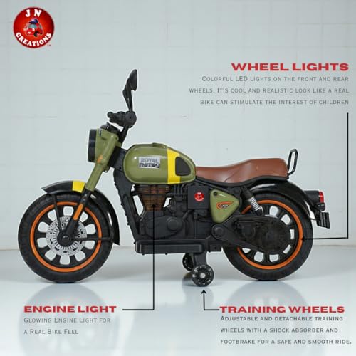 Image of BRoyal Enfield 12V Battery Operated Ride-On Classic-350 Bike for Kids | Rechargeable Electric Bike with LED Lights, Music & Horn | Ages 2-8 Years (Green)