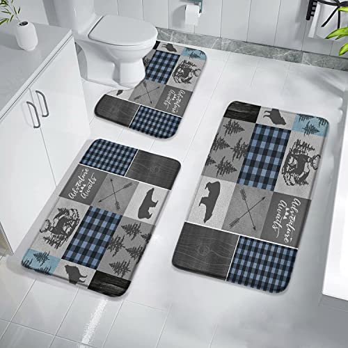 3 Piece Bathroom Rugs Set Cabin Bath Mat Retro Rustic Lodge Bear Deer Elk Buffalo Plaid Country Hunting Style Bathroom Floor Non Slip Rug Absorbent Shower Doormat U Shaped Rug Tub Decor Carpet