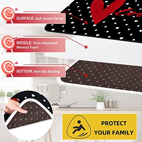 Aspmiz 2 Pcs Valentines' Day Kitchen Rugs, Black Kitchen Area Rug Set, Love Heart Doormat Set With Non Slip Backing, Absorbent Anti Fatigue Kitchen Mats For Laundry Room Floor Bedroom Home Decor #TOP5