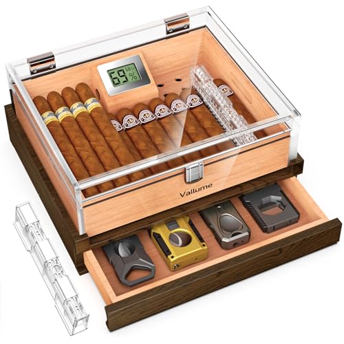 VALLUME Cigar Humidor Acrylic Humidor with Wooden Drawer Base Compact Desktop Humidor Features Gel-Controlled Sliding Cigar Humidifier Cedar Wood Tray Ideal Gift for Men (Small size)