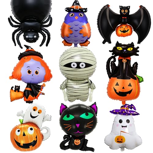 9 Stück Halloween Folienballon XXL Kürbis Schwarze Katze Hexe Geist Luftballon Fledermaus Eulen Riesenballon Giant Halloween Party Helium Ballon für Kinder Geburtstag Dekorationen Zubehör Geschenk