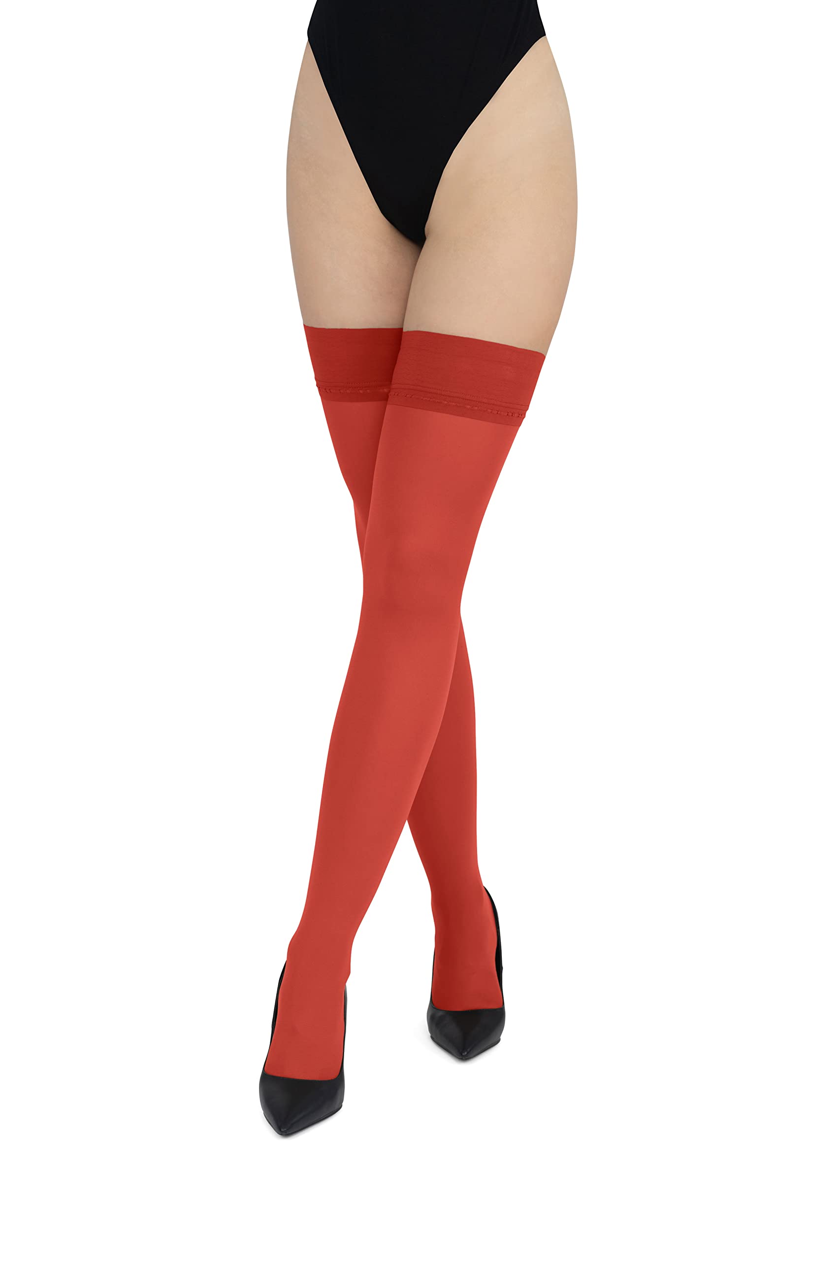 Lores Women's Red Opaque 60 Denier Hold Ups Stockings High Tights Over-The-Knee Sexy Hosiery Silicone, M/L