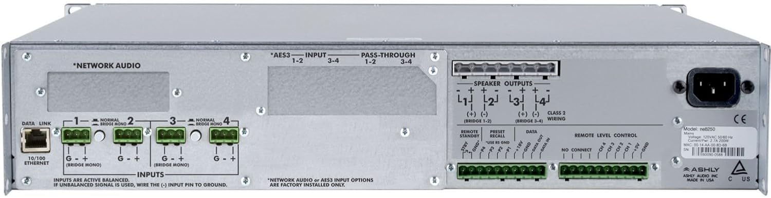 ne8250.25pe 8-Channels Network-Enabled Class-D Power Amplifier with Protea DSP Signal Processing, Switching Power Supply, 250-Watt Constant Voltage 25V, Remote Turn On/Off