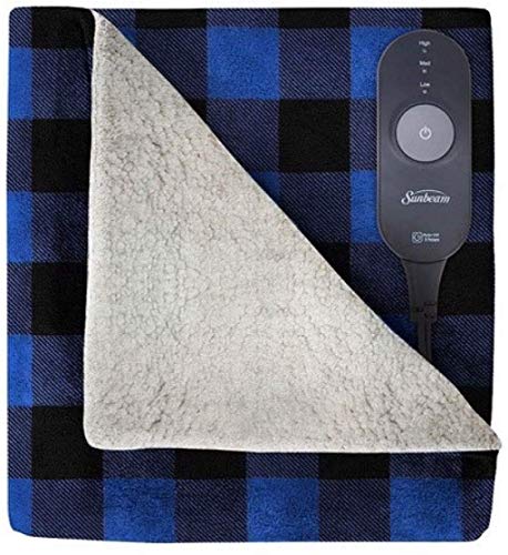 Sunbeam Heated Sherpa/Plush Electric Throw, Blue Plaid
