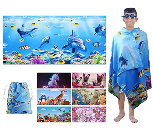 Tsalei Beach Towel For Kids - 30 X 60 Inches Blue Dolphins Microfiber Beach Towels, Oversized Bath/Pool/Camping/Travel/Beach Towel For Boys & Girls, Thick, Soft & Absorbent #TOP6