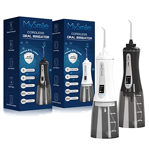 MySmile Powerful Cordless Water Dental Flosser Portable Oral Irrigator Black and White Combo with OLED Display 5 Modes 8 Replaceable Jet Tips and 350 ML Detachable Water Tank