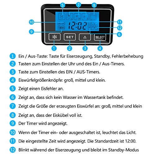 VINGO Eiswürfelmaschine Edelstahl, Eismaschine mit Kompressor, 12 kg 24 h, 6 Minuten Produktionszeit, 3 Würfelgrößen, 2… – Bild 5