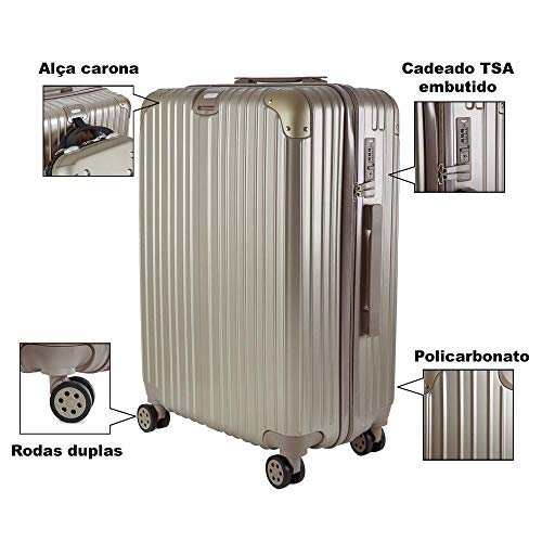 Conjunto de Malas de Viagem Suíça em Policarbonato Gosuper com Rodinhas Giro 360 2 Peças - Dourada