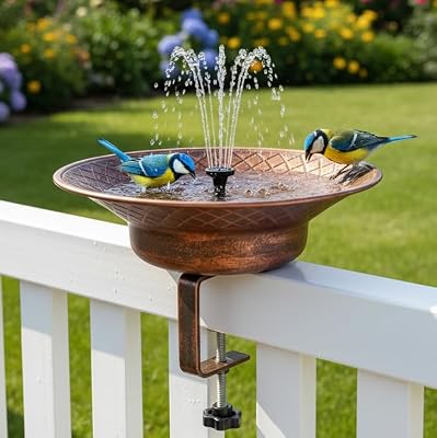 12.6" Deck Mounted Bird Bath for Outside, Metal Solar Powered Bird Bath Fountain, Heavy Duty Railing Clamp for Balcony Fence, Detachable Deck Bird Bath for Garden