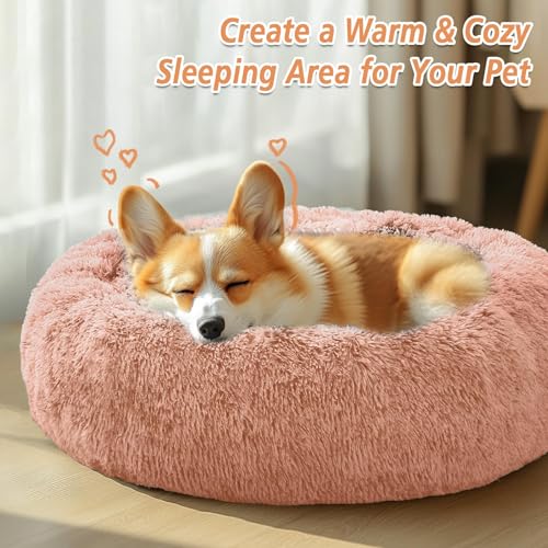 Image of JOLLYVOGUE Calming Dog Bed Medium Size Dog, Anti-Anxiety Donut Medium Pet Bed, 27 inches Fluffy Faux Fur Round Cat Bed (Peach Pink)