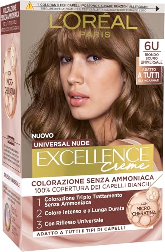 L’Oréal Paris Colorazione Permanente, Copertura dei Capelli Bianchi a Lungo, Risultato Naturale e Luminoso, Formula senza Ammoniaca, Excellence Universal Nude, Tonalità: Biondo Scuro (6U)