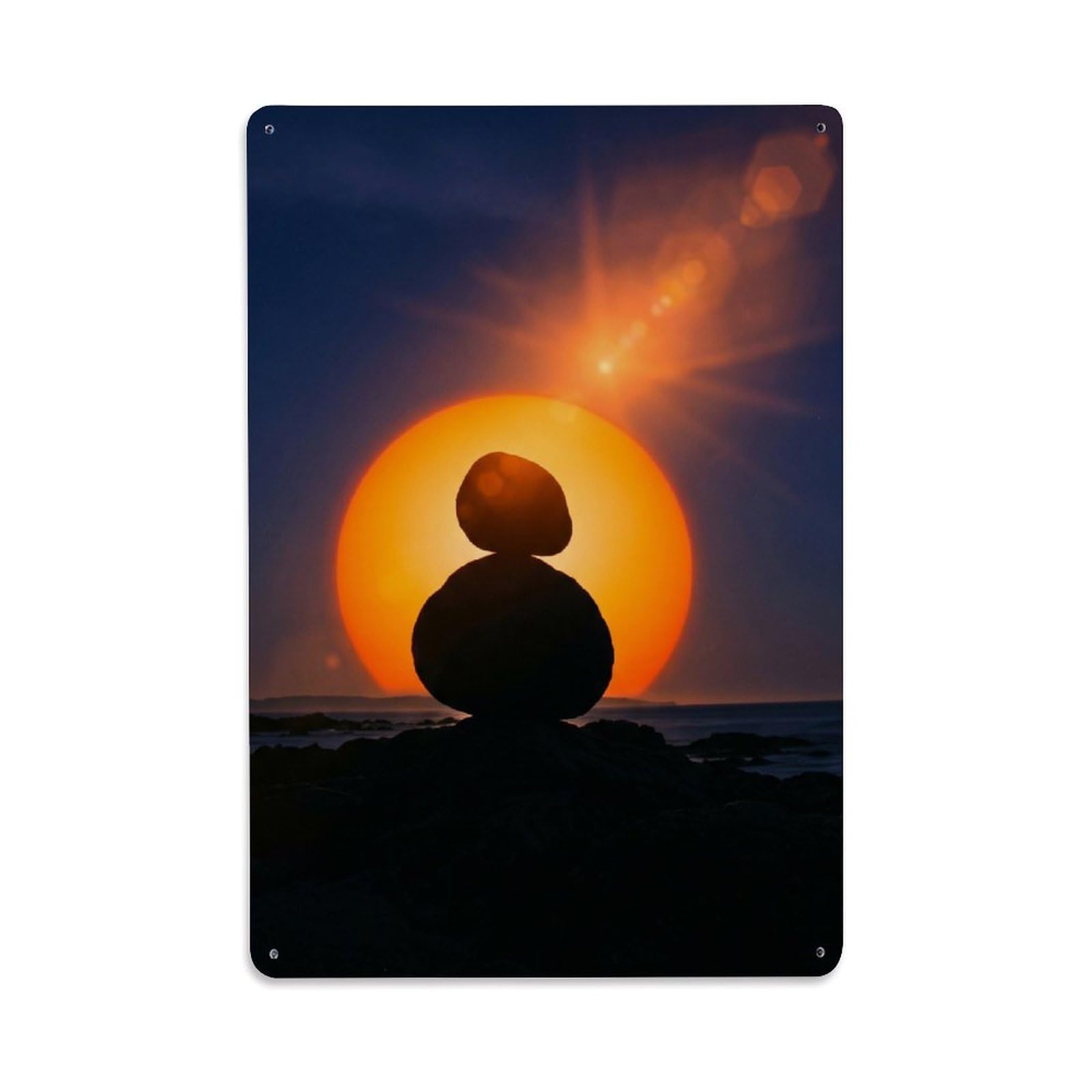Minimalist Stone Silhouette Sun Meditation Zen Balance Vintage Metal Tin Sign Plaque Wall Decor for Cafe, Man Cave, Club Bar, Office, Home Garden Round Metal Poster 8x12Inch