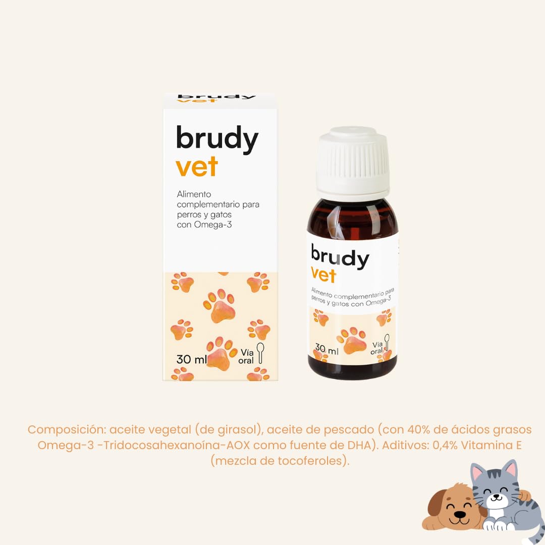 BRUDYLAB - Brudy Vet - Alimento Complementario para Perros y Gatos con Omega 3 - Aceite Vegetal, Aceite de Pescado y Vitamina E - Via Oral - 30 ml