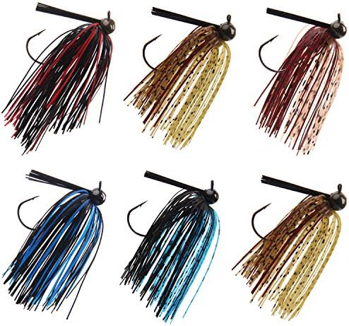 Bass Football Jigs Set-6pcs Weedless Jig Swim Jigs for Bass Fishing Jig Head Silicone Skirts Weedguard System Fishing Lure Kit 1/4oz