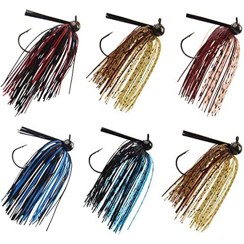 SILANON Bass Football Jigs Set-6pcs Weedless Jig Head Silicone Skirts Weedguard System Fishing Lure Kit for Bass Fishing 1/4oz,3/8oz Cover