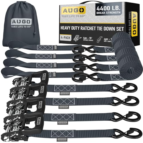 Image of AUGO Heavy Duty Ratchet Straps & Soft Loops - Pack of 4 Extra Strong 1.5 inch by 15' Ratchet Straps w /S-Hook Safety Latches & 4 Soft Loop Tie Downs - 4400Lb Break Strength for Motorcycles, ATVs, Etc.