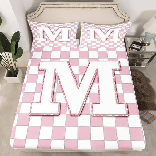 Image of Erosebridal Pink Initial M Sheet Set Full Kawaii Plaid Checkered Bed Sheets Cute Personalized Monogram Bedding for Kids Girls Teen Women,Fashion Grids Gingham Bed Sheets Set 4 Piece