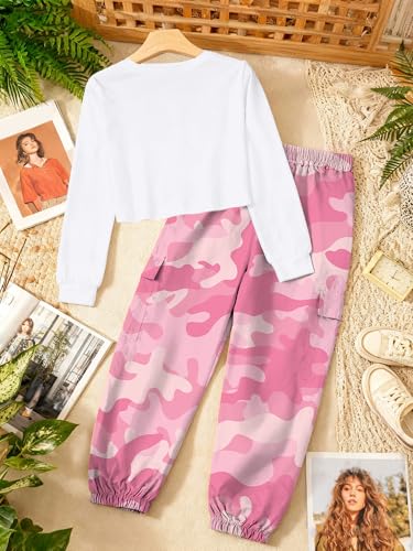 Image of Betusline Girls Fall Winter Clothing Sets, Long Sleeve Crop Top & Cargo Jogger Pants 2 Piece Outfit Sets,4T-14Y