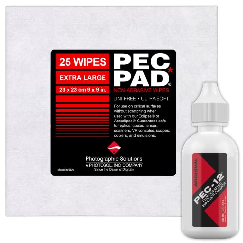 PEC-PAD (Extra Large) Non-Abrasive 9" x 9" Lint Free Wipes and PEC-12 Photographic Emulsion Cleaner - for Non-Water Based Stain for Cleaning Film, Photo Negatives, B&W Slide - (59ml) 2oz