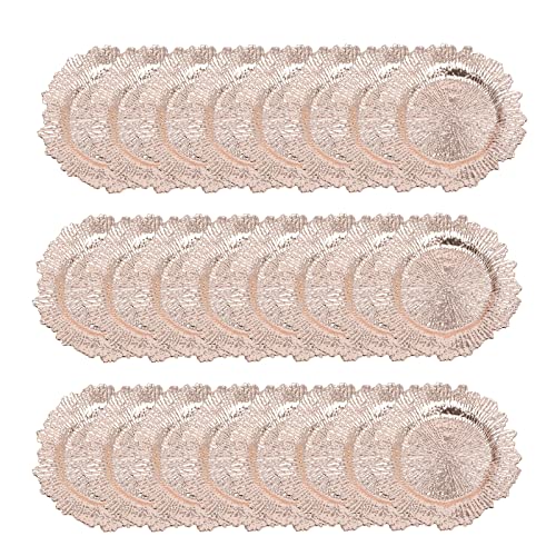 LUOSHALIYA 24 Pcs Gold Charger Plates Bulk, Plastic Serving Chargers Plate with Floral Reef Design for Wedding Dinner Holiday Party Event Table Setting Decoration (Rose Gold)