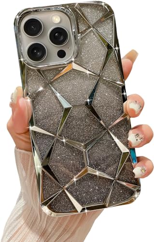 Image of VONZEE Compatible with iPhone 15 Pro Max Gradient Glitter Case, Luxury Electroplated 3D Cube, Diamond Bling Shiny Soft TPU Clear Shockproof Case Women Girls Protective Phone Cover (Grey)