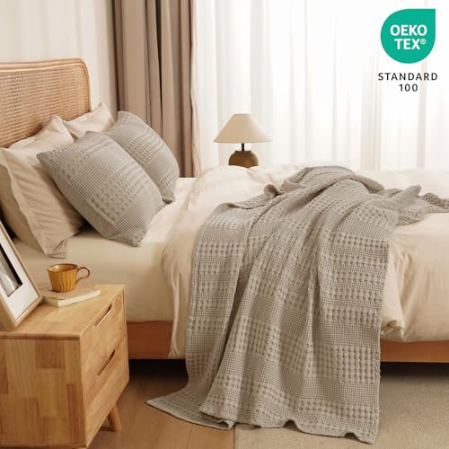 Image of PHF 100% Cotton Waffle Throw Blanket for Couch, Lightweight Breathable and Soft for Summer, Luxury Aesthetic Waffle Weave Blanket for Home Decor & Office, Gifts for Women, 50 inchx60 inch, Taupe