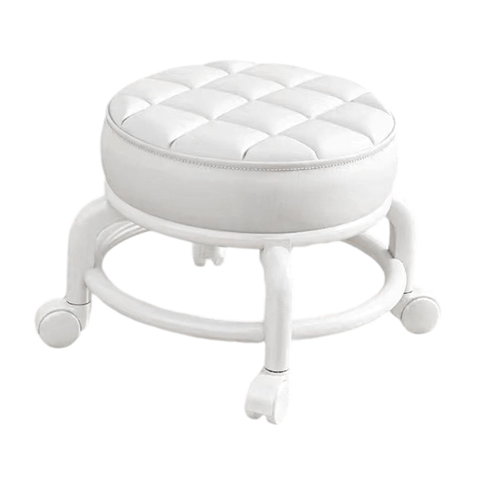 Chaise Pivotante Tabouret à Roulettes, Tabouret à 360° avec Roulettes, Petit Tabouret Bas Cuir Sur Roulettes, Pédicure Bouchettes Pivotantes Universelles pour Salon Massage, Coiffure, Spa, Blanc