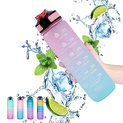 Gaiayhc 1L Sports Water Bottle with Time Marker and Straw, Gradient Blue