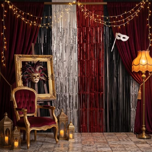 Image of TONIFUL 2Pcs Burgundy Black Silver Metallic Tinsel Foil Fringe Curtains | 3.3ftx6.6ft Photo Booth Backdrop Door Streamers for Wedding Anniversary Fall Harvest Masquerade Bachelorette Party Decoration
