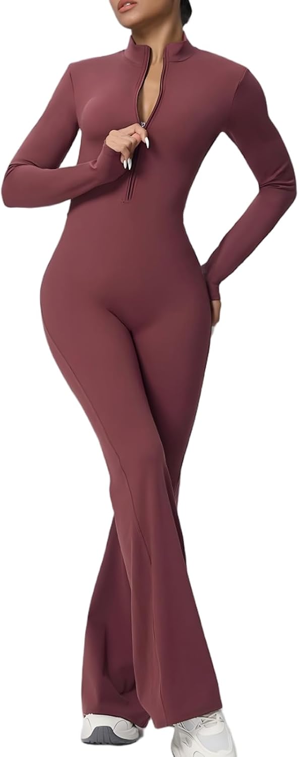 Women Workout Jumpsuit Zip Up V Neck Yoga Jump Suit Long Sleeve Flared Unitards Ladies Bodysuit All in One Stretchy Playsuit for Sports Gym One Piece Activewear Fitness Daily Wear