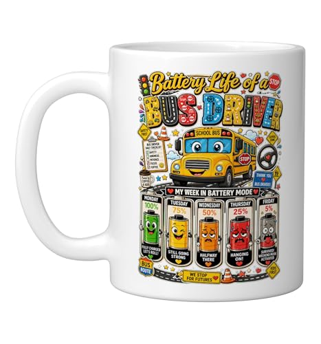 Funny School Battery Life Of A Bus Driver Back To School Ceramic Mug, White