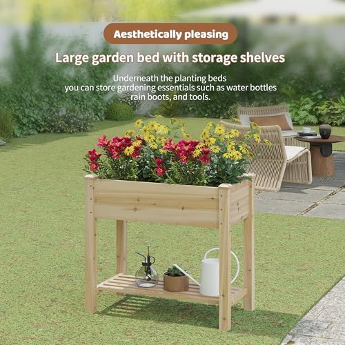 Image of Raised Garden Bed with Legs Elevated Wooden Planter Box Stand Large Planter Stand Box for Fruits Vegetables Flowers with Divider with Bag - 34x18x30.5IN