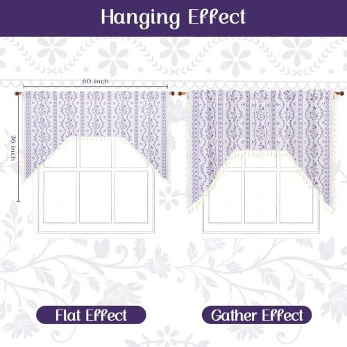 Image of Yinhua Boho Swag Valance Curtains Vintage Linen Valances for Windows Light Filtering Floral Kitchen Valance Rod Pocket Rustic Tassel Window Valances for Bathroom Cafe, 60 inch W x 36 inch L, White Purple