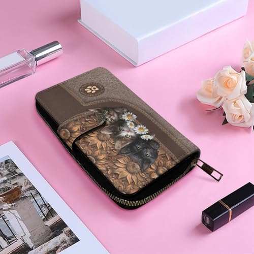 Image of COEQINE Ladies Wallets Pink Leopard Heart Black Printed Leather Phone Long Clutch Purses Check Coin Change Holder
