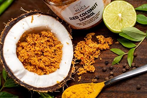 RUCI Authentic Sri Lankan Red Coconut Pol Sambol, A Great Taste Award Winner, Shreds of Coconut with Onions, Dried Red Cillies and Lime