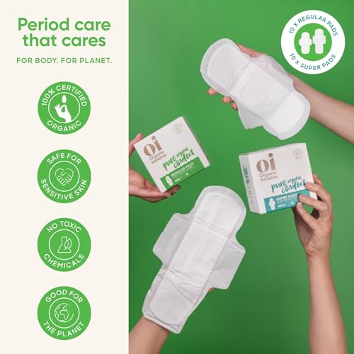 Image of Oi | Organic Initiative - Ultra Thin Pads with Wings, 20 Count (10 Regular /10 Super) | 100% Certified Organic Cotton Pads, Unscented | Leak Free, Biodegradable Thin Pads for Women | Non-GMO, Non Toxic